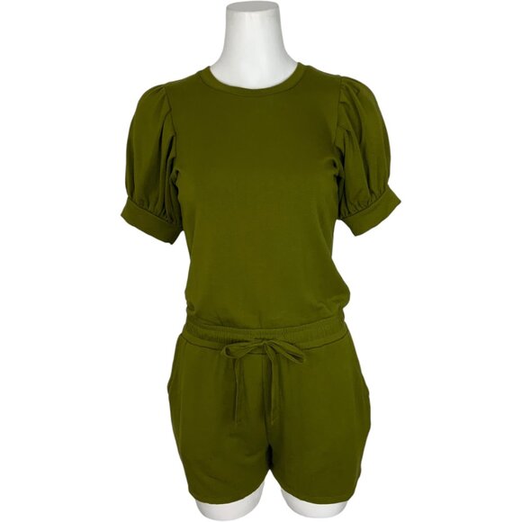 Daily Ritual Puff Sleeve Supersoft Terry Romper S Green Pockets Bohemian Travel - Picture 1 of 12